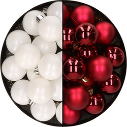 32x stuks kunststof kerstballen mix van wit en donkerrood 4 cm - Kerstbal