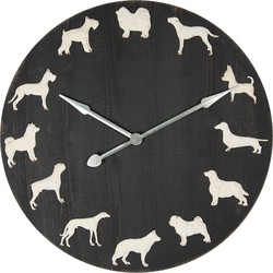 Clayre & Eef Wandklok  Ø 80 cm Zwart Hout Metaal Rond Honden Muurklok