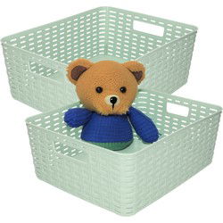 Plasticforte Opbergmand - 2x - Kastmand - rotan kunststof - mintgroen - 12 Liter - 30 x 37 x 13 cm - Opbergmanden