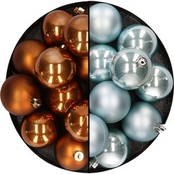 Kunststof kerstballen 6 cm - 24x stuks - bruin en lichtblauw - Kerstbal