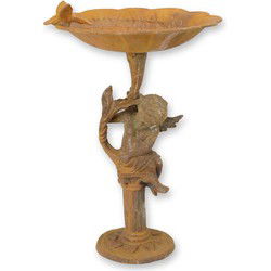 A RUSTY CAST IRON PUTTO BIRD BATH ON STAND