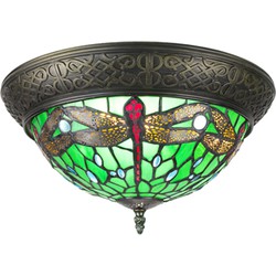 LumiLamp Plafondlamp Tiffany  Ø 38 cm Groen Bruin Kunststof Glas Rond Plafonniere