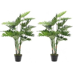 2x Groene Philodendron Monstera gatenplant kunstplanten 100 cm met zwarte pot - Kunstplanten
