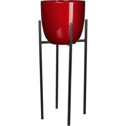 Bloempot D25 cm rood met plantenpot verhoger zwart/metaal van 55 cm - Plantenpotten