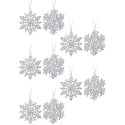 10x Zilveren sneeuwvlok/ijsster kerstornamenten kerst hangers 12 cm met glitters - Kersthangers