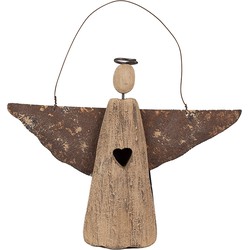 Clayre & Eef Decoratie Hanger Engel 14 cm Bruin Hout IJzer Kersthanger