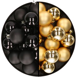 32x stuks kunststof kerstballen mix van zwart en goud 4 cm - Kerstbal