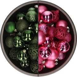 74x stuks kunststof kerstballen mix van fuchsia roze en donkergroen 6 cm - Kerstbal