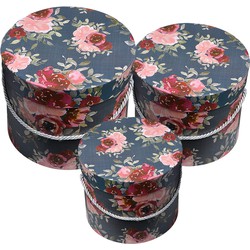 Clayre & Eef Opbergdoos Set van 3  Ø 23x20 / Ø 20x17 / Ø 17x14 cm Roze Karton Rond Bloemen