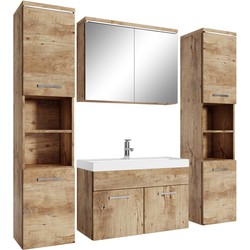 Badplaats Badkamermeubel Set Paso XL 80 cm - Kastanje Eiken - Badmeubel met spiegelkast en zijkasten