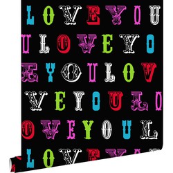 ESTAhome behang love you - quotes multicolor op zwart - 53 cm x 10,05 m - 136839