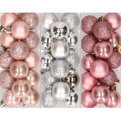 42x Stuks kunststof kerstballen mix zilver/lichtroze/oud roze 3 cm - Kerstbal