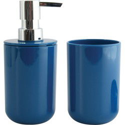 MSV Zeeppompje en drink/tandenborstel beker - badkamer set Porto - kunststof - donkerblauw - Badkameraccessoireset