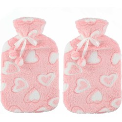 Warmwaterkruiken 2 liter met zachte fleece hoes roze/hartjes 2x stuks - Kruiken