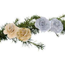 Set van 4x stuks decoratie bloemen rozen goud en zilver op clip 9cm - Kersthangers