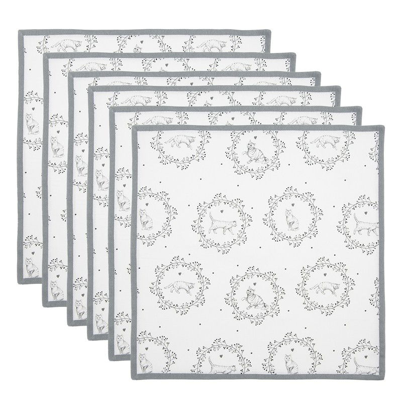 Clayre & Eef Servetten Katoen Set van 6 40x40 cm Wit Grijs Katoen Kat - 
