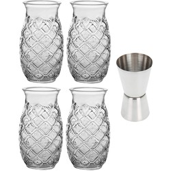 4x Cocktailglazen transparant 505 ml Pina Colada met RVS maatbeker / barmaatje - Cocktailglazen