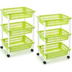 2x stuks opberg organiser trolleys/roltafels met 3 manden 62 cm in het groen - Opberg trolley