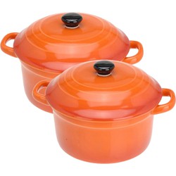 Set van 2x stuks mini stoofpannetjes/ovenschaaltjes met deksel oranje 9 cm van porselein - Ovenschalen