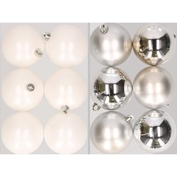 12x stuks kunststof kerstballen mix van winter wit en zilver 8 cm - Kerstbal