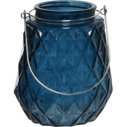 Theelichthouders/waxinelichthouders ruitjes glas donkerblauw met metalen handvat 11 x 13 cm - Waxinelichtjeshouders