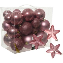 Pakket 32x stuks kunststof kerstballen en sterren ornamenten oud roze - Kerstbal
