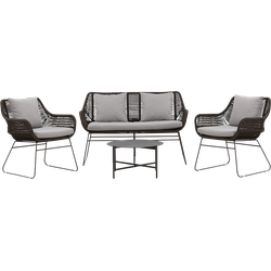 Caleb rattan tuin loungeset bruin 4delig - tweezits bank, twee lounge stoelen en een salontafel - met grijze zitkussens