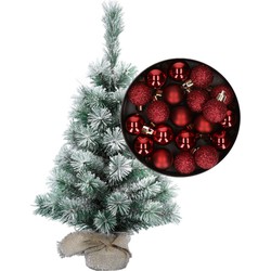 Besneeuwde mini kerstboom/kunst kerstboom 35 cm met kerstballen donkerrood - Kunstkerstboom