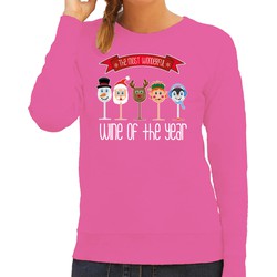 Bellatio Decorations foute kersttrui/sweater dames - Kerst wijn glazen - roze - drank/wine XS - kerst truien