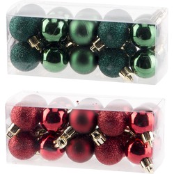 Kleine kunststof kerstballen 40x stuks set 3 cm in donkerrood en groen - Kerstbal