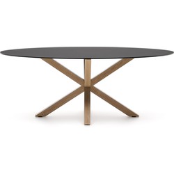 Kave Home - Argo ovale tafel in matzwart glas en stalen poten met houteffect Ø 200 x 100 cm