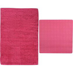 MSV Douche anti-slip mat en droogloop mat - Napoli badkamer set - rubber/polyester - fuchsia roze - Badmatjes