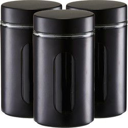 Zeller voorraadpot/blik met venster - 3x - zwart - 900 ml - glas/metaal - Voorraadblikken