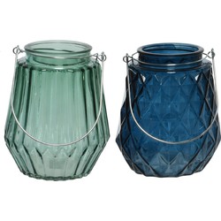 Set van 2x stuks theelichthouders/waxinelichthouders glas zeegroen en donkerblauw 11 x 13 cm - Waxinelichtjeshouders