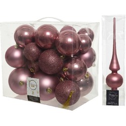 Kerstversiering kunststof kerstballen met piek oud roze 6-8-10 cm pakket van 27x stuks - Kerstbal