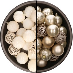 Kerstballen - 74x stuks - wol wit en champagne - 6 cm - kunststof - Kerstbal