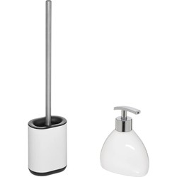 WC-/toiletborstel en houder - wit - met zeeppompje 300 ml - Badkameraccessoireset