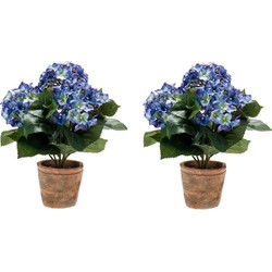 Bellatio Flowers & Plants Kunstplant Hortensia - 2x - blauw - 37 cm - Kunstplanten