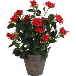 Mica Decorations Kunstplant - rozen - rood - grijze pot - 33 cm - Kunstplanten