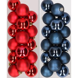 32x stuks kunststof kerstballen mix van rood en donkerblauw 4 cm - Kerstbal