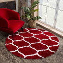 Tapijtenloods Madrid Shaggy Rond Design Vloerkleed Rood Creme Hoogpolig- 120 CM ROND