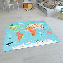 Kindervloerkleed - Binola - Wereldkaart - Turquoise / Blauw - 300x400 cm