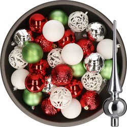 37x stuks kunststof kerstballen 6 cm incl. glazen piek wit-rood-zilver-groen - Kerstbal
