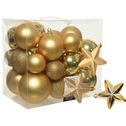 Pakket 32x stuks kunststof kerstballen en sterren ornamenten goud - Kerstbal