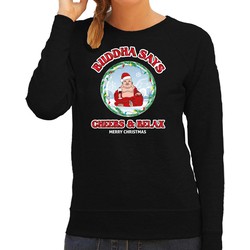 Bellatio Decorations foute Kersttrui/sweater voor dames - buddha says cheers & relax - zwart - wijn XS - kerst truien