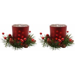 2x Kerstdecoratie theelichthouders rood 8 cm - Waxinelichtjeshouders