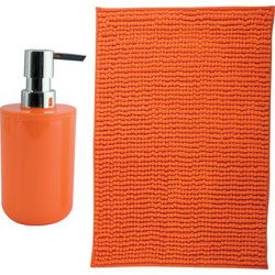 MSV badkamer droogloop mat - Milano - 40 x 60 cm - met bijpassend zeeppompje - oranje - Badmatjes