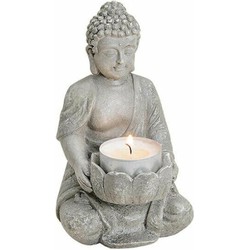 Grijs boeddha beeldje met kaarshouder 14 cm - Waxinelichtjeshouders