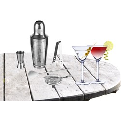 Cocktailshaker set RVS 5-delig inclusief 4x cocktail/martini glazen 220 ml - Cocktailshakers