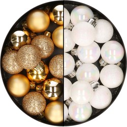 28x stuks kleine kunststof kerstballen goud en parelmoer wit 3 cm - Kerstbal